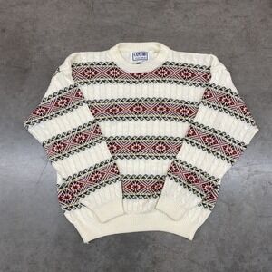 Vintage Cape Cod Fair Isle Cable Knit Sweater Cream Large